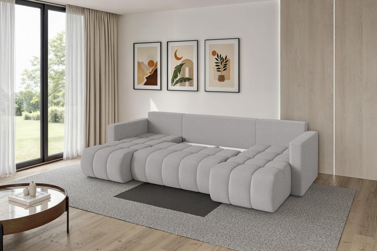 WOHNLANDSCHAFT mit Schlaffunktion und Bettkasten GARD-U 300x146x85 Hellgrau Bouclé - Silberfarben/Hellgrau, Holzwerkstoff/Kunststoff (300/85/146cm) - ALTDECOR
