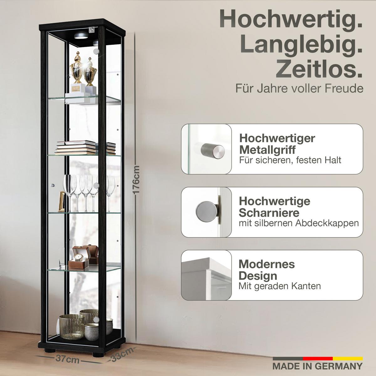 GLASVITRINE 33/37/176 cm mit Spiegel, LED, Schloss & 4 höhenverstellbaren Glasböden - Transparent/Silberfarben, Glas/Holzwerkstoff (37/176/33cm) - K-Möbel