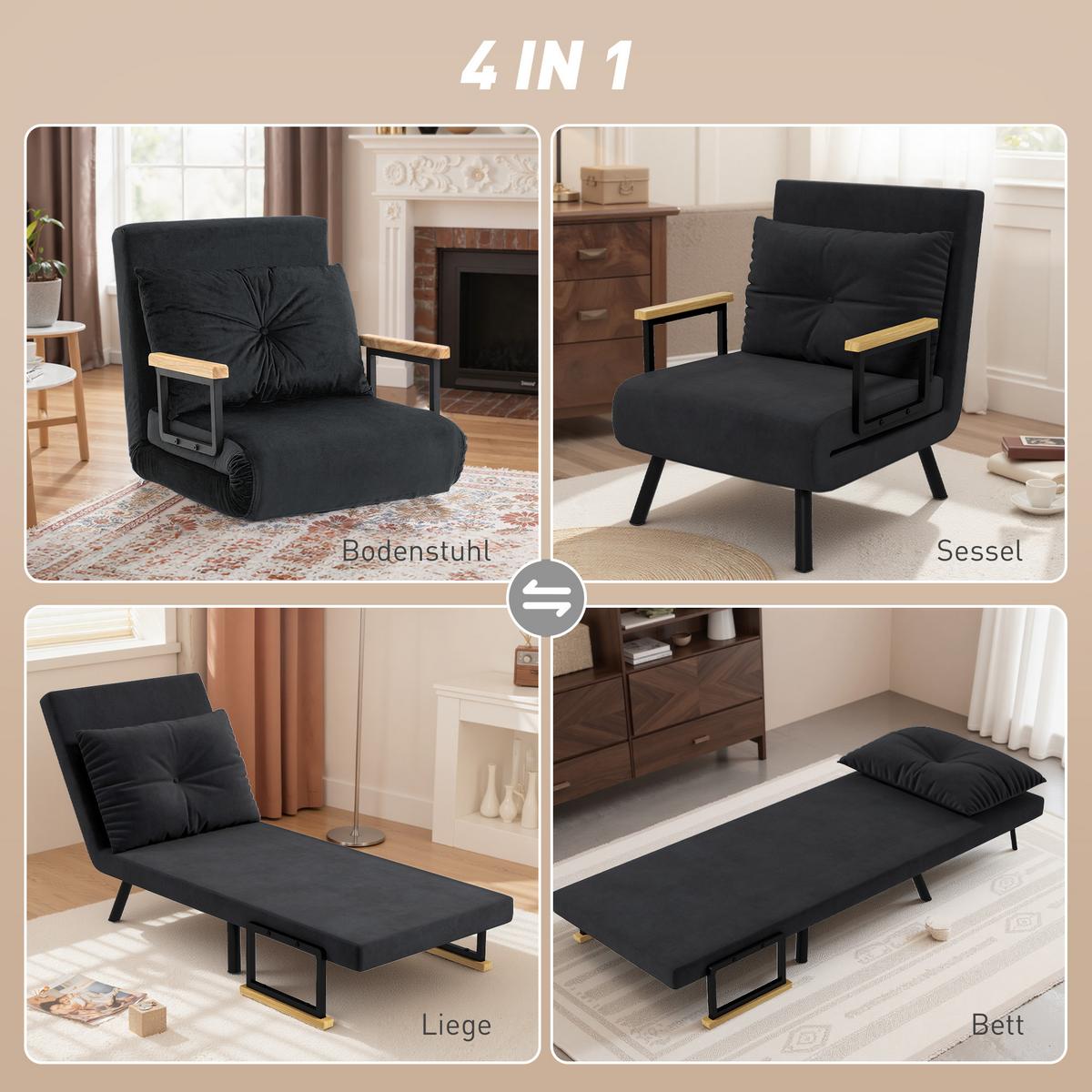 SCHLAFSESSEL, Einzelsofa mit Bettfunktion, Relaxsessel mit Rückenkissen Schwarz - Schwarz/Naturfarben, Holz/Textil (63/81/73cm) - HOMCOM