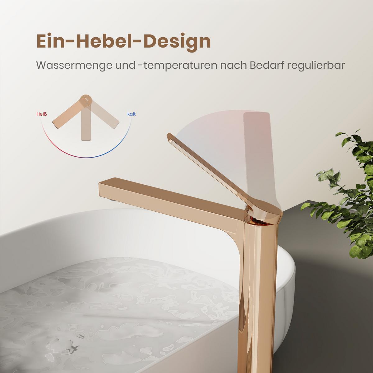 WASCHTISCHARMATUR mit Zertifiziertem Filterelement Rosengold Hoher Stil - Roségold, Metall (23.3/4.6/33.5cm) - EMKE