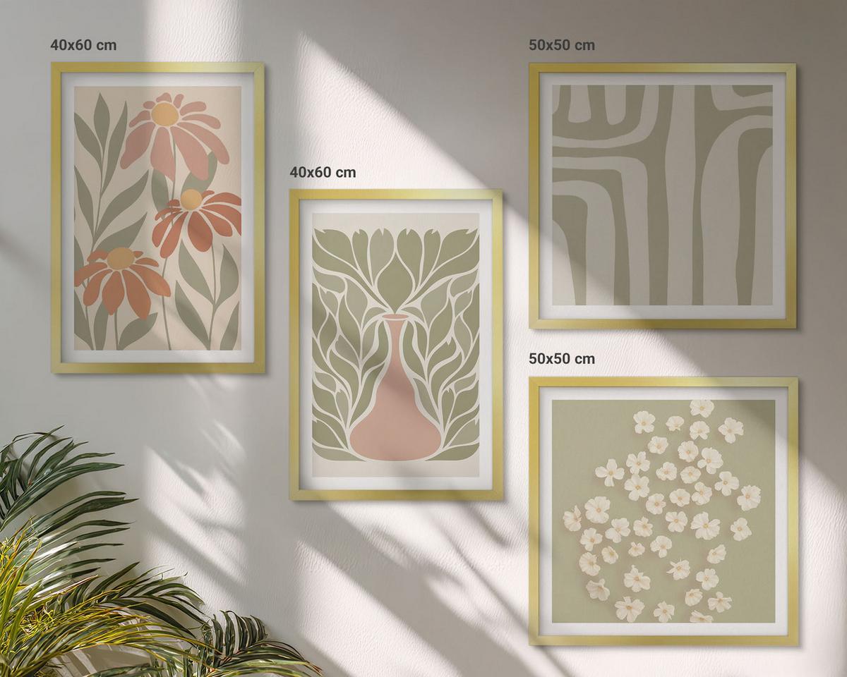 BILDER SET 4er Set - 50x50 cm & 40x60 cm Goldrahmen - Floraler minimalistischer Boho-Stil - Goldfarben, Kunststoff (50/50cm) - TULUP