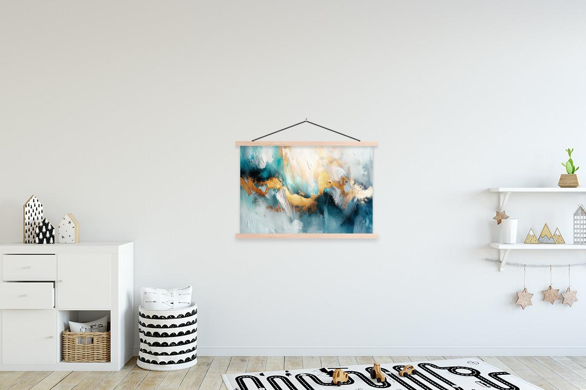 POSTER MIT MAGNETLEISTEN Abstrakt - Kunst - Gold - Blau Wanddeko 90x60 cm - Petrol, Textil (90/60/0.15cm) - MuchoWow