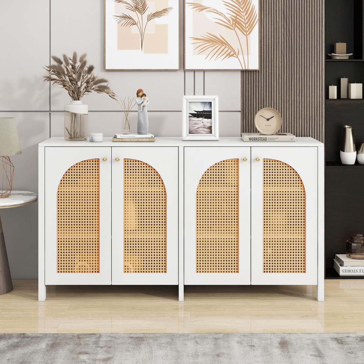 SIDEBOARD mit Kunst-Rattan-Türen Verstellbaren Regalen - Weiß, Holzwerkstoff (145/40/80cm) - Urban Meuble