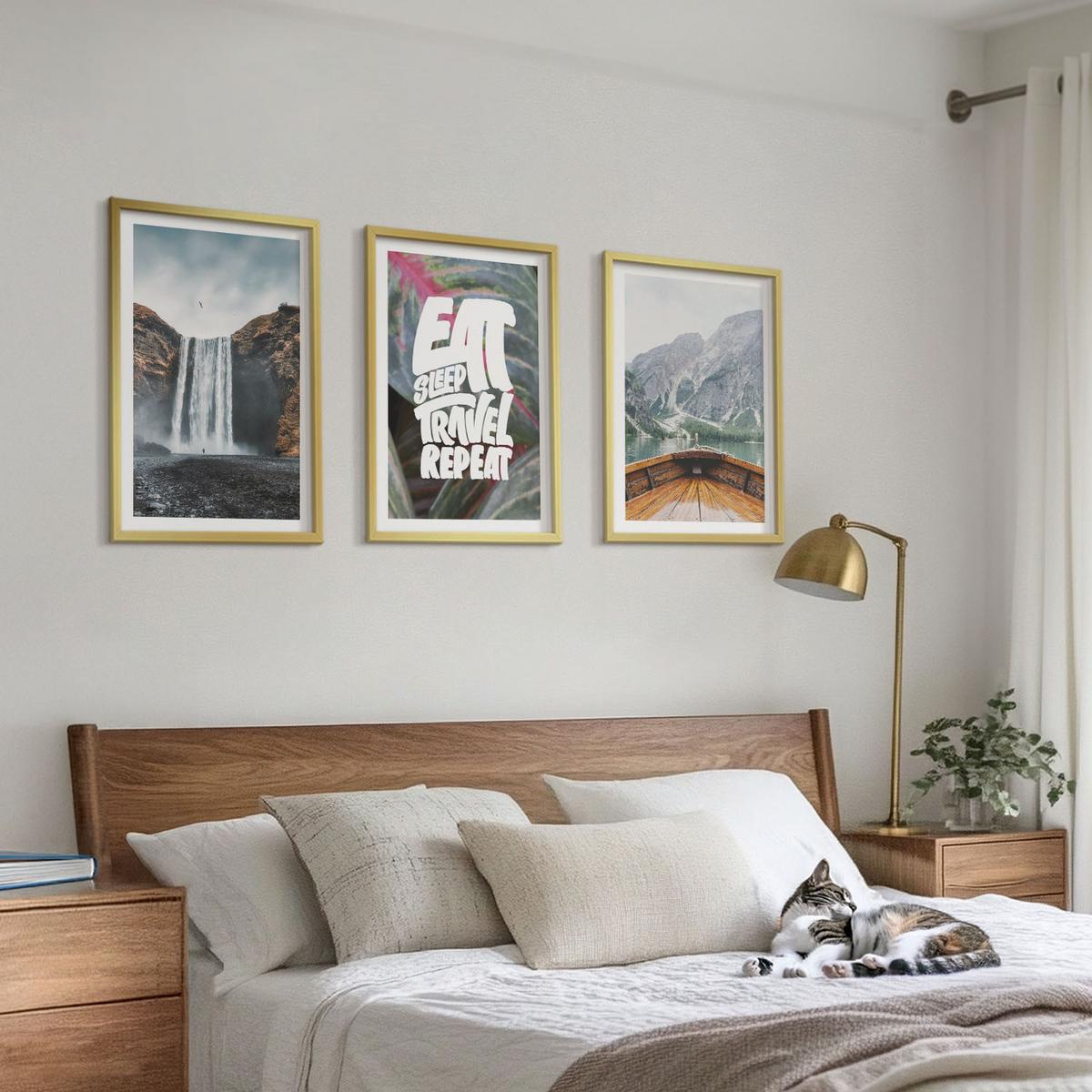BILDER SET 3er Set - 40x60 cm Goldrahmen - Wasserfall Berge Natur Boot - Goldfarben, Kunststoff (40/60cm) - TULUP