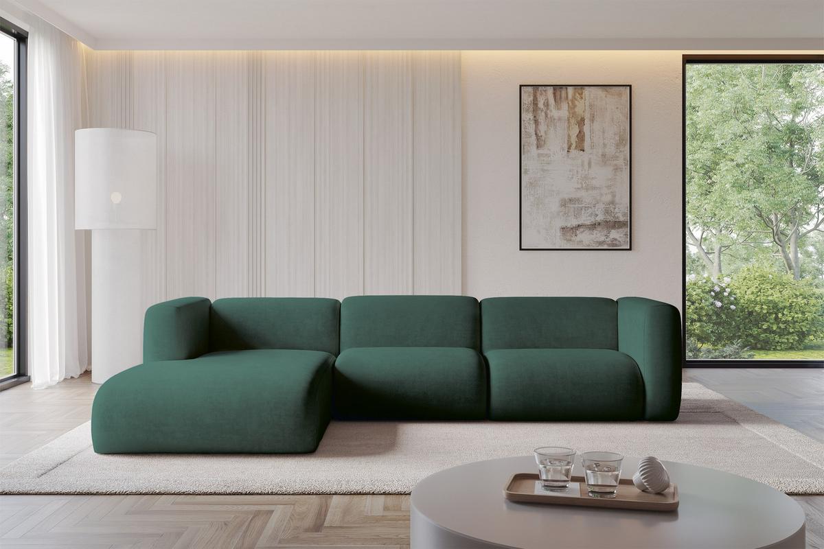 ECKSOFA Ottomane Links MIRA-L2 318x179x89 Grün Velours - Dunkelgrün/Schwarz, Holzwerkstoff/Kunststoff (318/179cm) - ALTDECOR