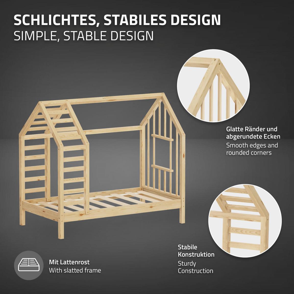 KINDERBETT 70x140 cm mit Lattenrost Dach und Fenster Hausbett aus massivem Kiefernholz Natur - Naturfarben, Holz (70/140cm) - ML-DESIGN