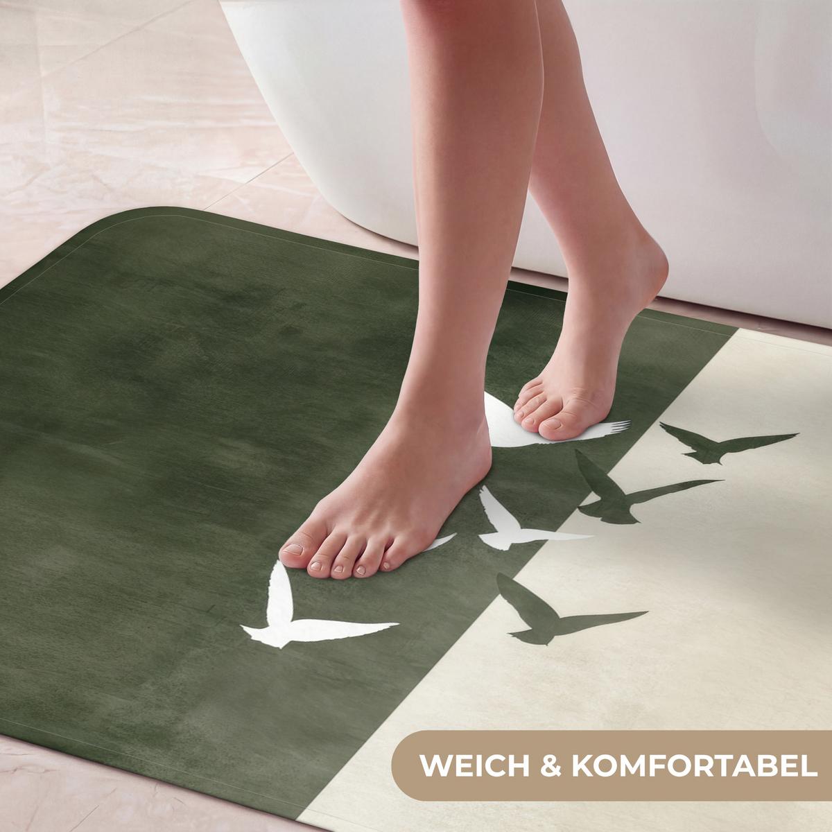 BADEMATTE Japandi - Vogel - Grün 120x60 cm - Olivgrün, Textil (120/60cm) - OnlyWow