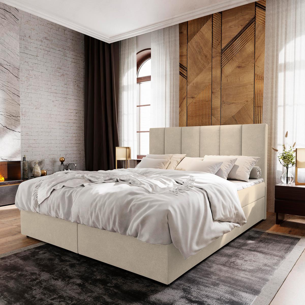 BOXBETT MERIL 160x200 cm mit Matratze und Topper - Beige - Beige, Holz (160/200cm) - MASSENO