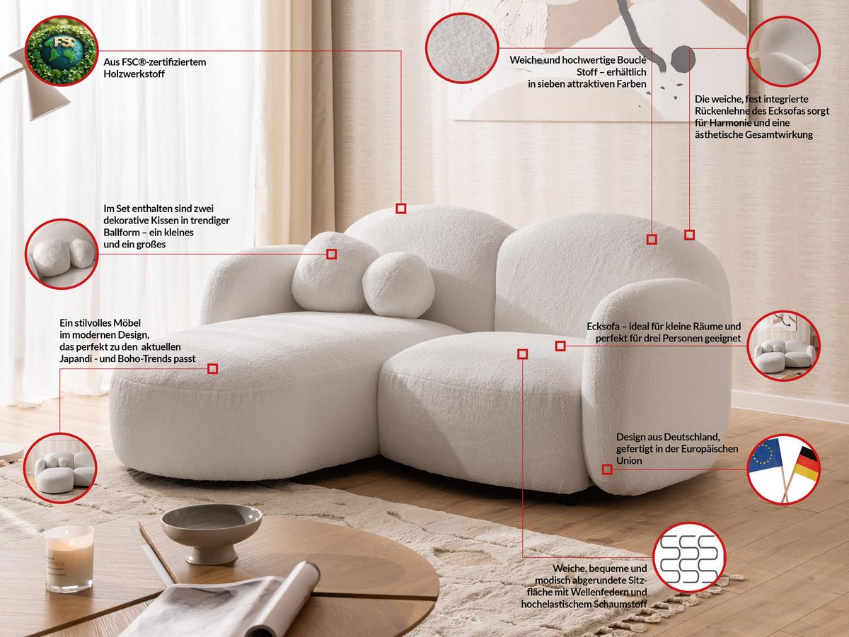 ECKSOFA Nuvola mit abgerundetem Design Weiß Bouclé-Stoff - Ottomane Links - Schwarz/Weiß, Holz/Kunststoff (190/146cm) - S-Style Möbel