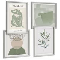 BILDER SET 4er Set - 50x50 cm & 40x60 cm Silberner Rahmen - Stilvolle abstrakte Pflanzengrafiken - Silberfarben, Kunststoff (50/50cm) - TULUP