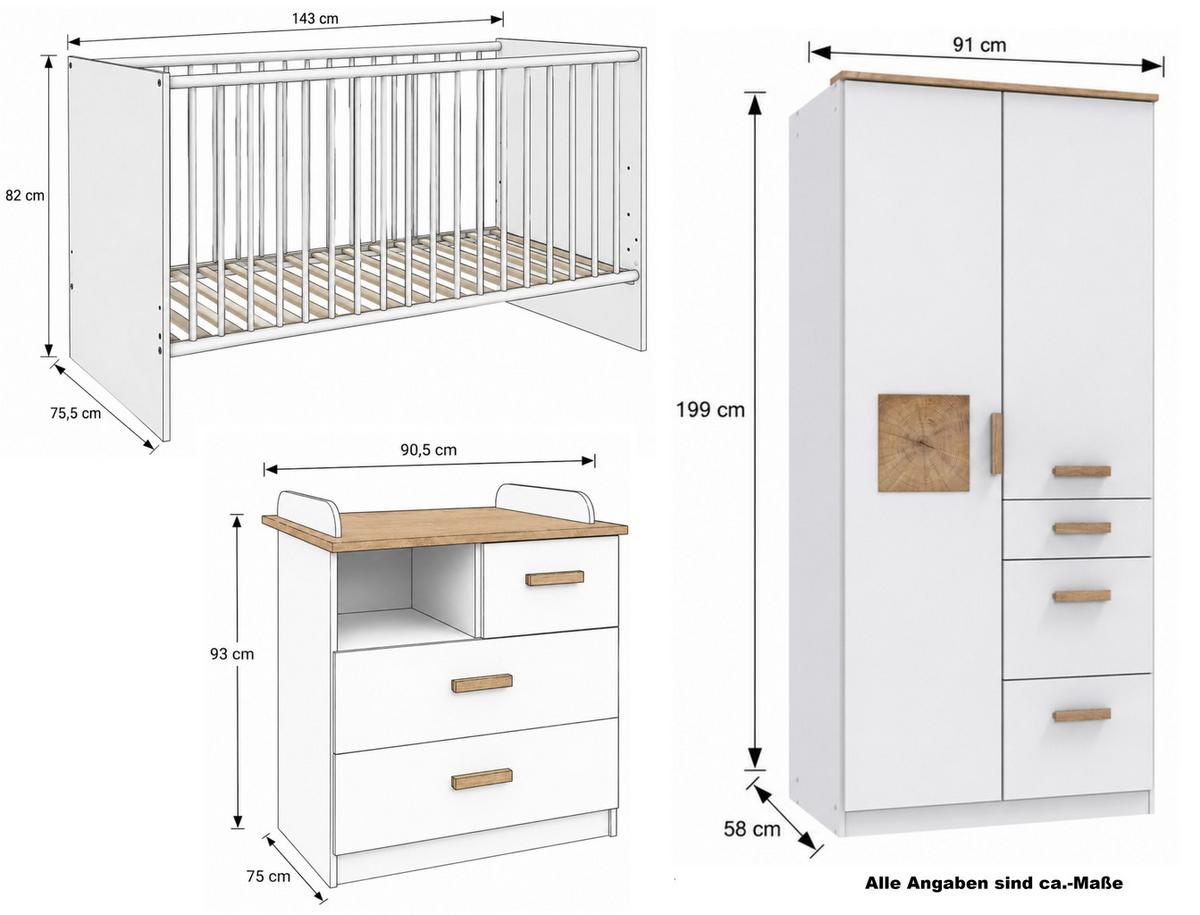BABYZIMMER-SET 3-tlg.: Babybett & Wickelkommode & Kleiderschrank 2-türig B91/H199/T58 cm, Weiß mit Eiche & Hirnholz Dekor / 22812 - Eichefarben/Weiß, Holzwerkstoff (91/199/58cm) - luma-home