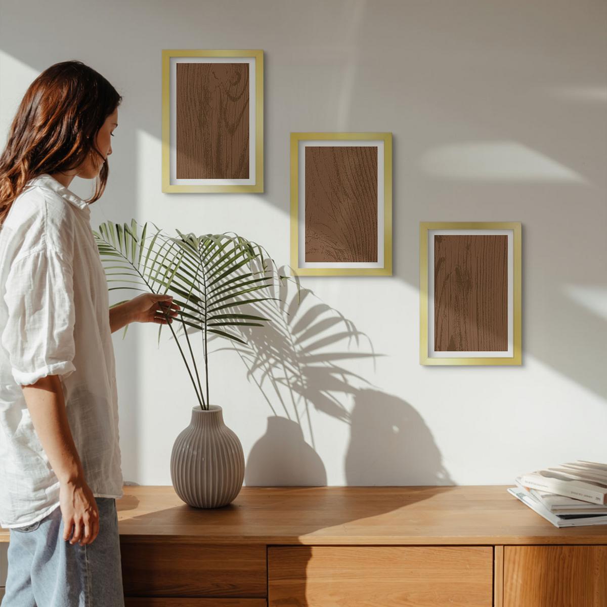 BILDER SET 3er Set - 20x30 cm Goldrahmen - Holzstruktur, Rinde, Minimalismus - Goldfarben, Kunststoff (20/30cm) - TULUP