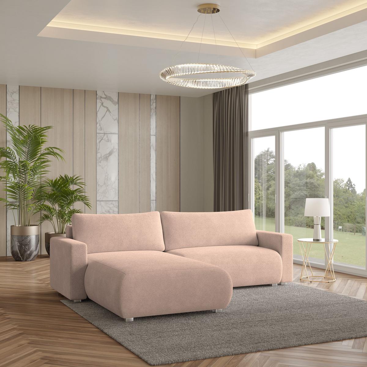 ECKSOFA TURIN N Rosa Bucle-Stoff mit Schlaffunktion - Rosa/Grau, Holz/Kunststoff (265/183cm) - MASSENO