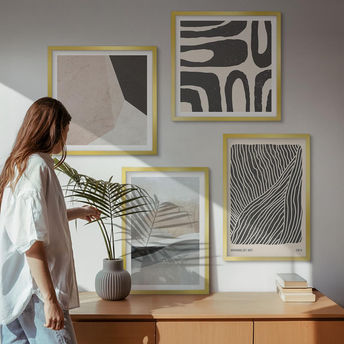 BILDER SET 4er Set - 50x50 cm & 40x60 cm Goldrahmen - Abstrakte Boho-Dekorationsmuster - Goldfarben, Kunststoff (50/50cm) - TULUP