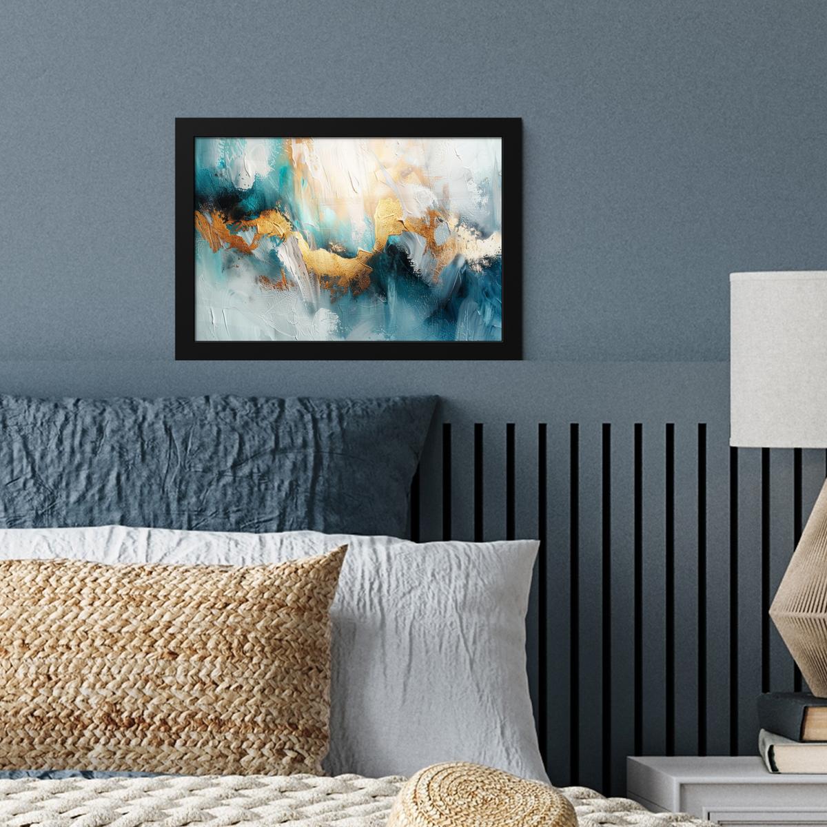 POSTER MIT RAHMENGERAHMTES BILD Abstrakt - Kunst - Gold - Blau 30x20 cm - Petrol, Papier (30/20cm) - MuchoWow
