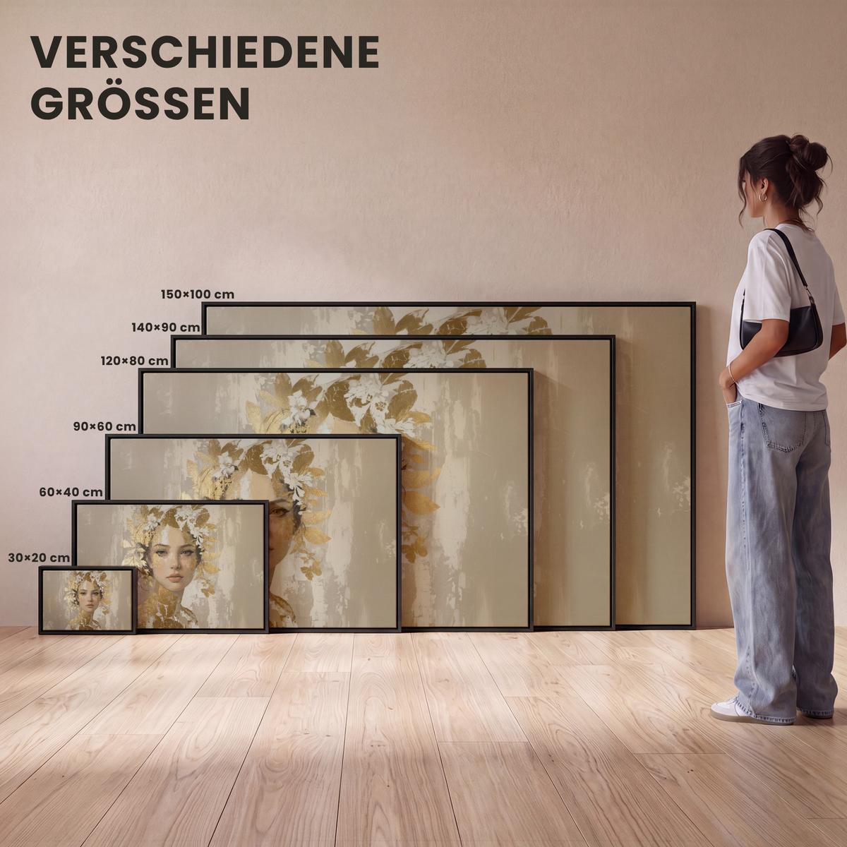 LEINWAND Bilder mit Rahmen - Gesicht - Frau - Blätter - Gold - 140x90 - Beige, Textil (140/90cm) - MuchoWow