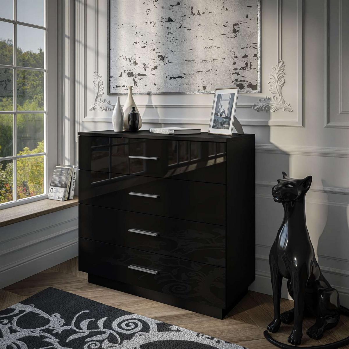 KOMMODE LINA 95 mit Griffen Schwarzer Glanz LED Griffe Chrom - Silberfarben/Schwarz, Holzwerkstoff (95/84/40cm) - Lookway