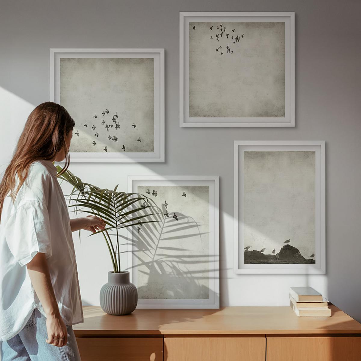 BILDER SET 4er Set - 50x50 cm & 40x60 cm Weißer Rahmen - Minimalistische Vogelmalerei - Weiß, Kunststoff (50/50cm) - TULUP
