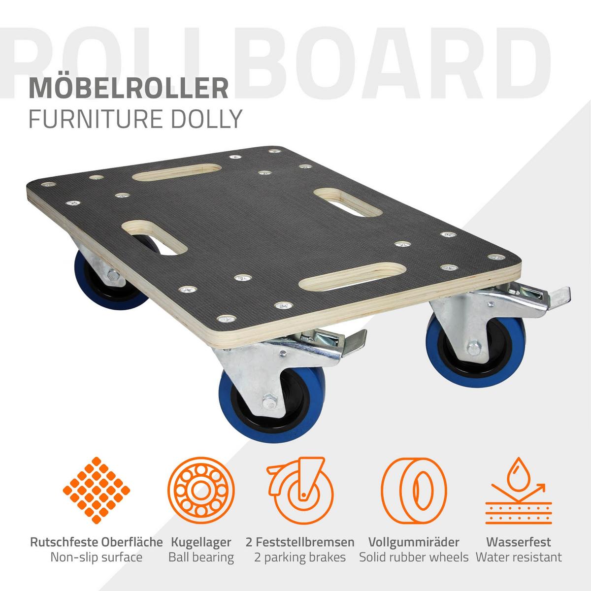 TRANSPORTROLLER 2er Set mit 4 Rollen 2 mit Bremsen 35x50 cm Traglast 800kg Siebdruck Holzplatte Black - Dunkelgrau, Holzwerkstoff (50/35/14.5cm) - ECD-Germany