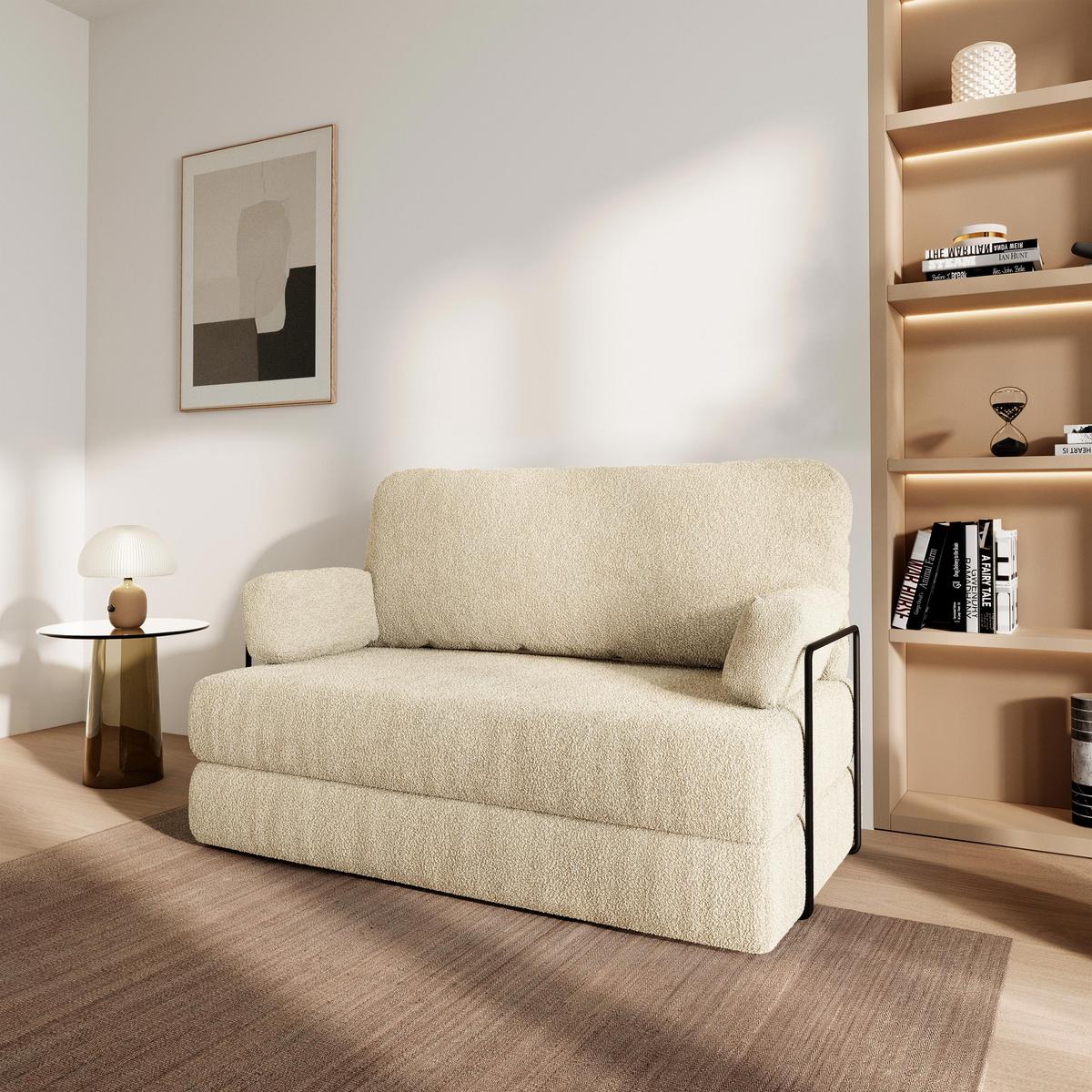 BETTSOFA KESTE aus Schaumstoff Bucle-Stoff Creme Schlaffunktion - Creme, Textil (140/86/60cm) - MASSENO