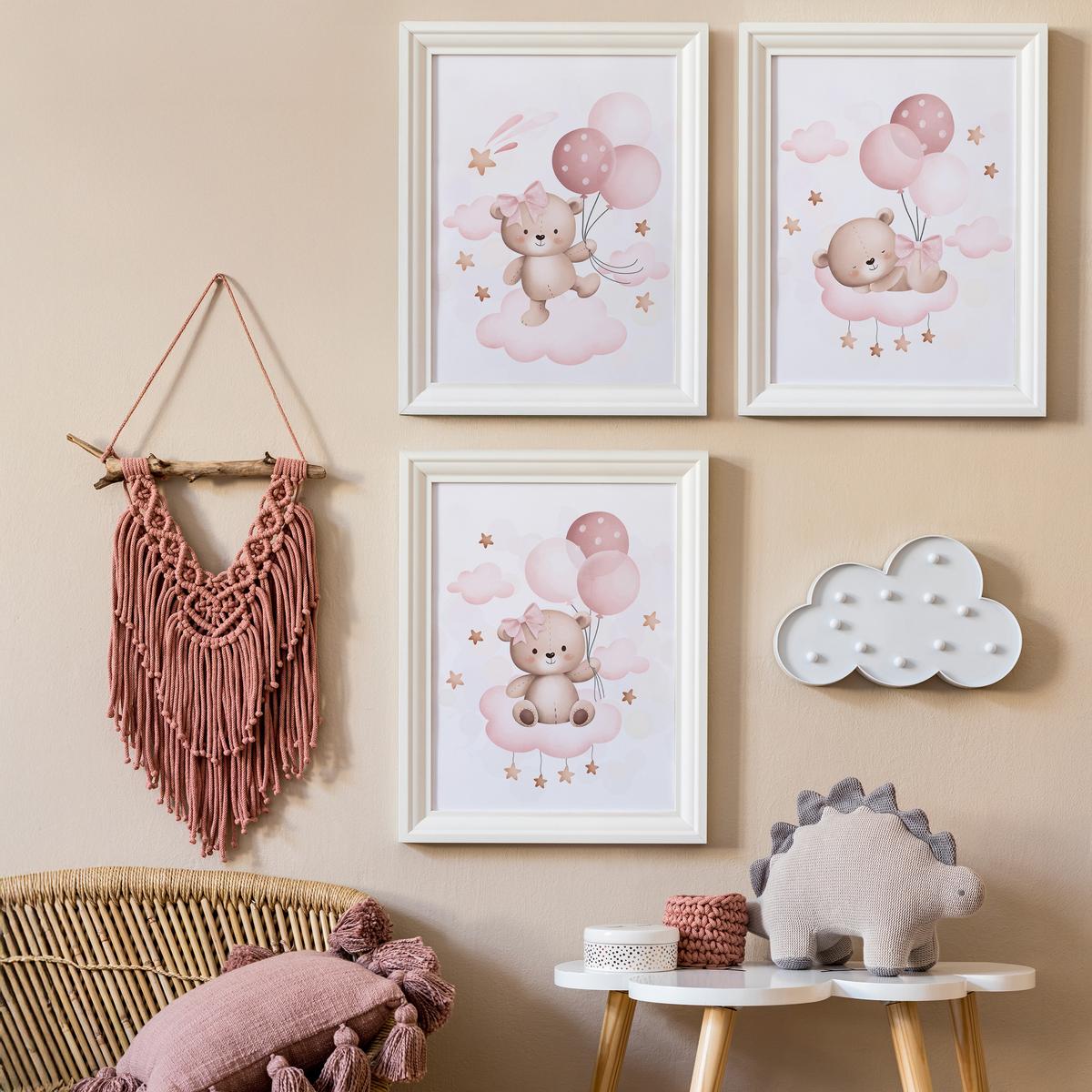 POSTER SET für Kinderzimmer Teddybären Ballons Wolken Sterne 3x Poster A4 21x30cm - Beige/Rosa, Papier (21/30/1cm) - Muralo