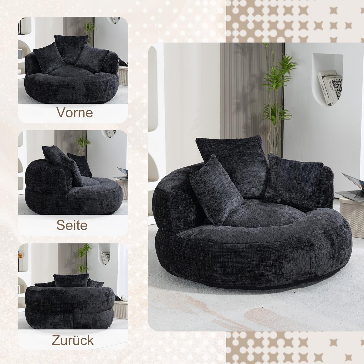 SESSEL chenille bodensessel rund mit kissen - Schwarz, Textil (108/52/108cm) - Urban Meuble