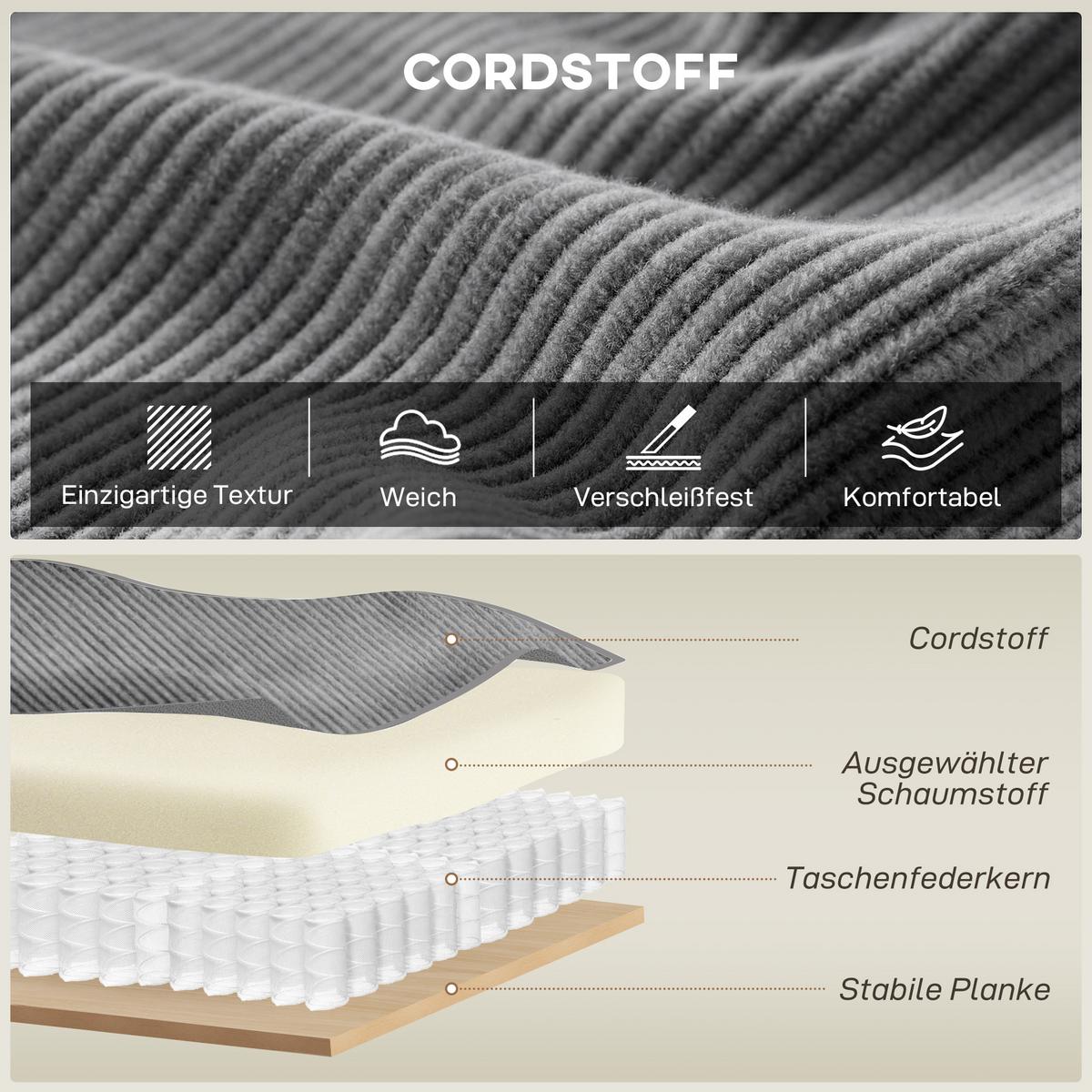SOFA 3-Sitzer aus Polyester Hellgrau - Hellgrau/Schwarz, Holzwerkstoff/Kunststoff (79/91/218cm) - HOMCOM