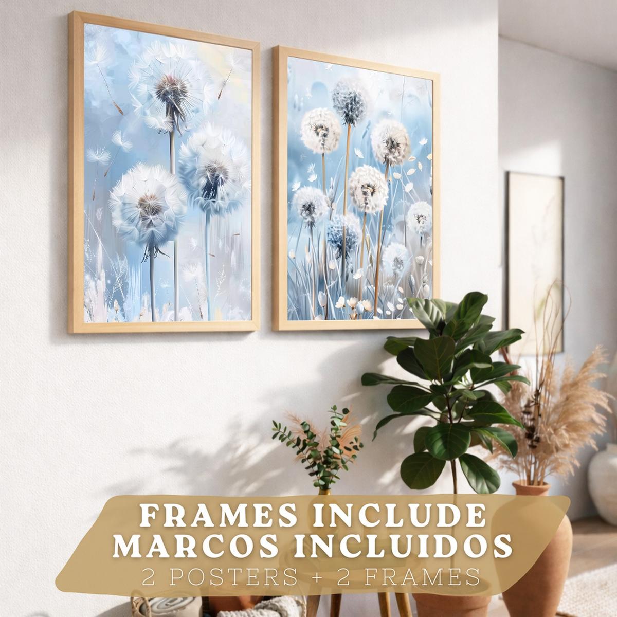 POSTER 2er Kunstdruck-Set Wandbilder Blumen Blau modern Wohnzimmer Deko, Schlafzimmer, Küche, Badezimmer Leichter Holzrahmen A4 - Beige, Papier (29.7/1/21cm) - Nacnic
