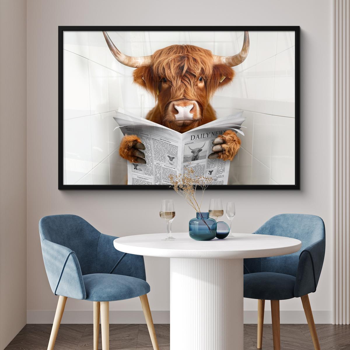 POSTER MIT RAHMENGERAHMTES BILD Schottischer Highlander - Tier - Zeitung - Toilette 120x80 cm - Kastanienfarben, Papier (120/80cm) - MuchoWow