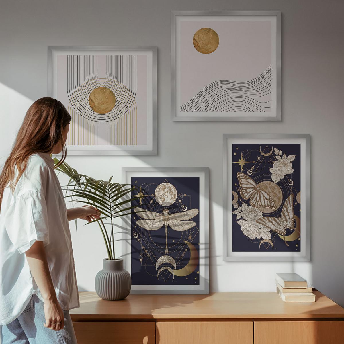 BILDER SET 4er Set - 50x50 cm & 40x60 cm Silberner Rahmen - Naturmotive mit dem Mond - Silberfarben, Kunststoff (50/50cm) - TULUP