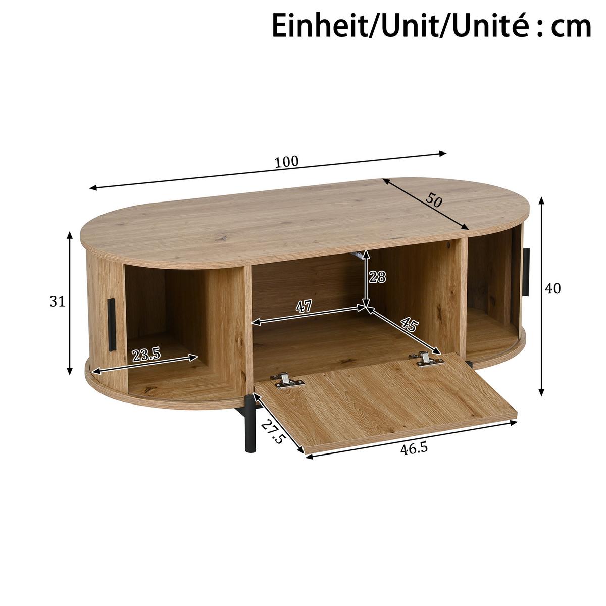 COUCHTISCH in holzoptik mit rattan, ovale form und schiebetüren - Naturfarben, Holzwerkstoff (50/100/40cm) - Urban Meuble
