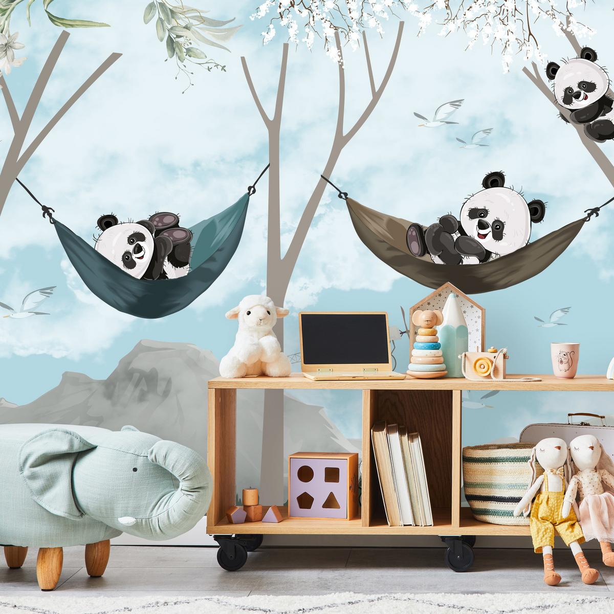 FOTOTAPETE für Kinderzimmer Pandas in Hängematten Märchenwald Blumen Berge 200x140 - Schwarz/Weiß, Papier (200/140cm) - Muralo