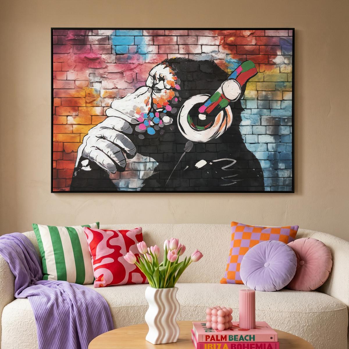 LEINWAND Bilder mit Rahmen - Affe - Graffiti - Musik - 150x100 - Multicolor, Textil (150/100cm) - MuchoWow
