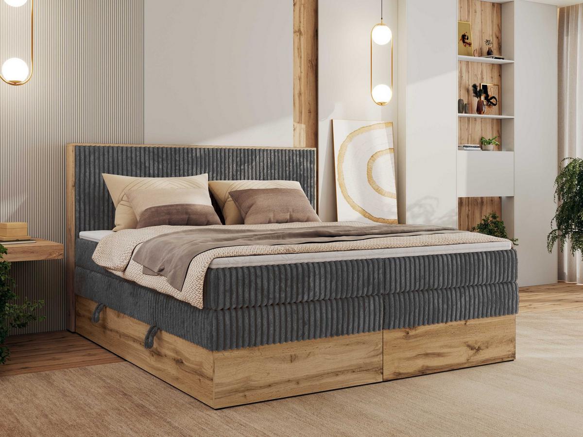 BOXBETT WOOD CLASSIC KING 200/200 - Grau Cord - H3 - Grau, Textil (200/200cm) - MKS
