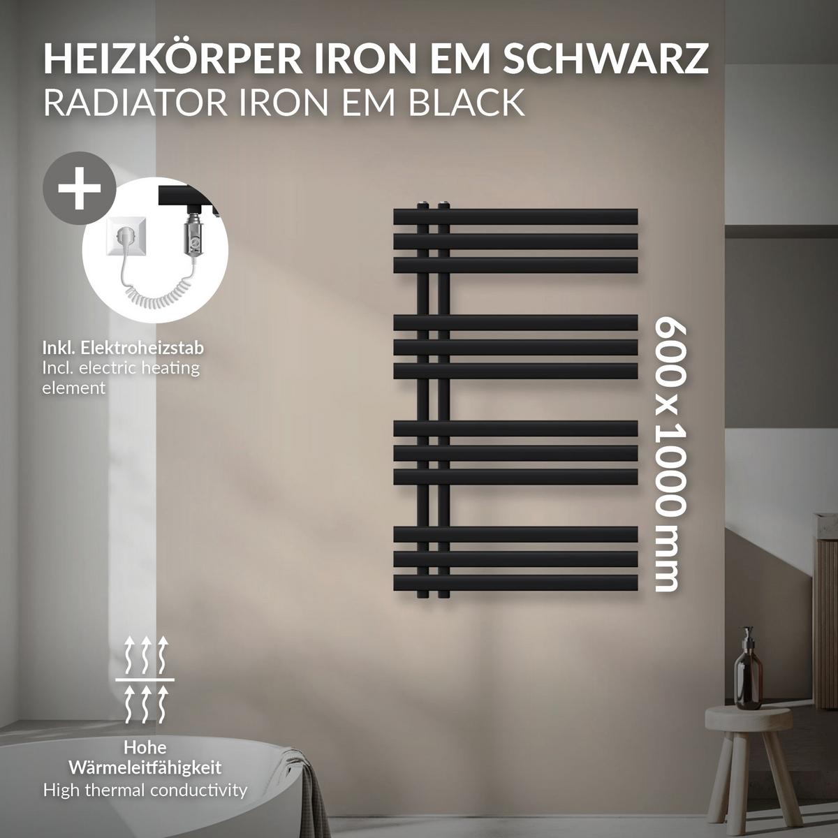 BADHEIZKÖRPER elektrisch Iron EM 600x1000 mm Schwarz mit Heizstab 300W - Schwarz, Metall (60/100/3cm) - LuxeBath