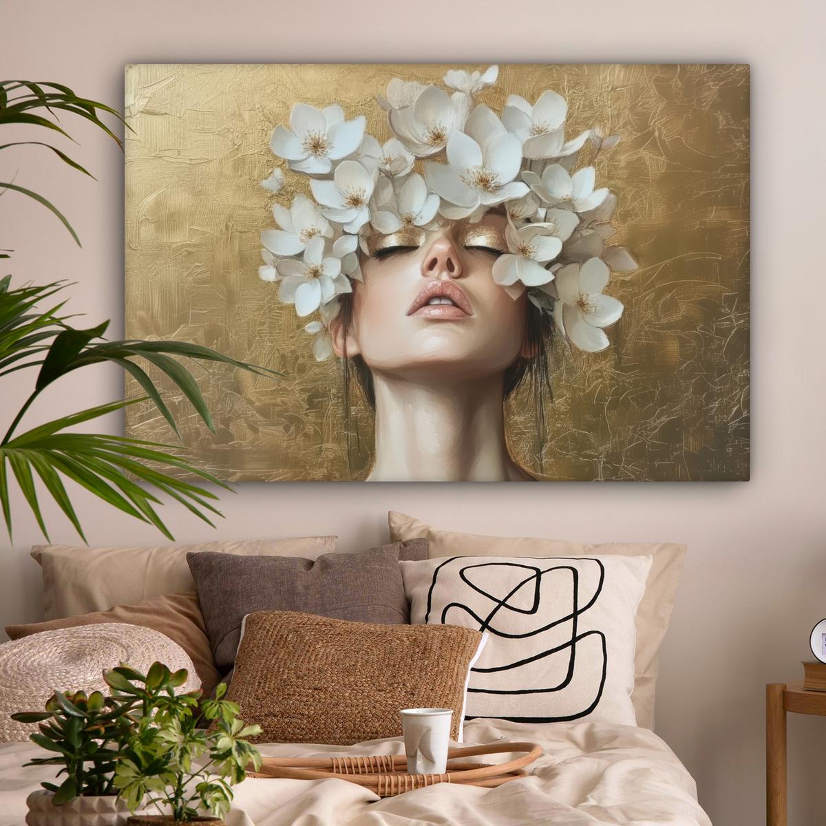 LEINWANDBILD Gesicht - Blumen - Gold - Abstrakt Wohnzimmer Groß 120x80 cm - Goldfarben, Textil (120/80cm) - MuchoWow