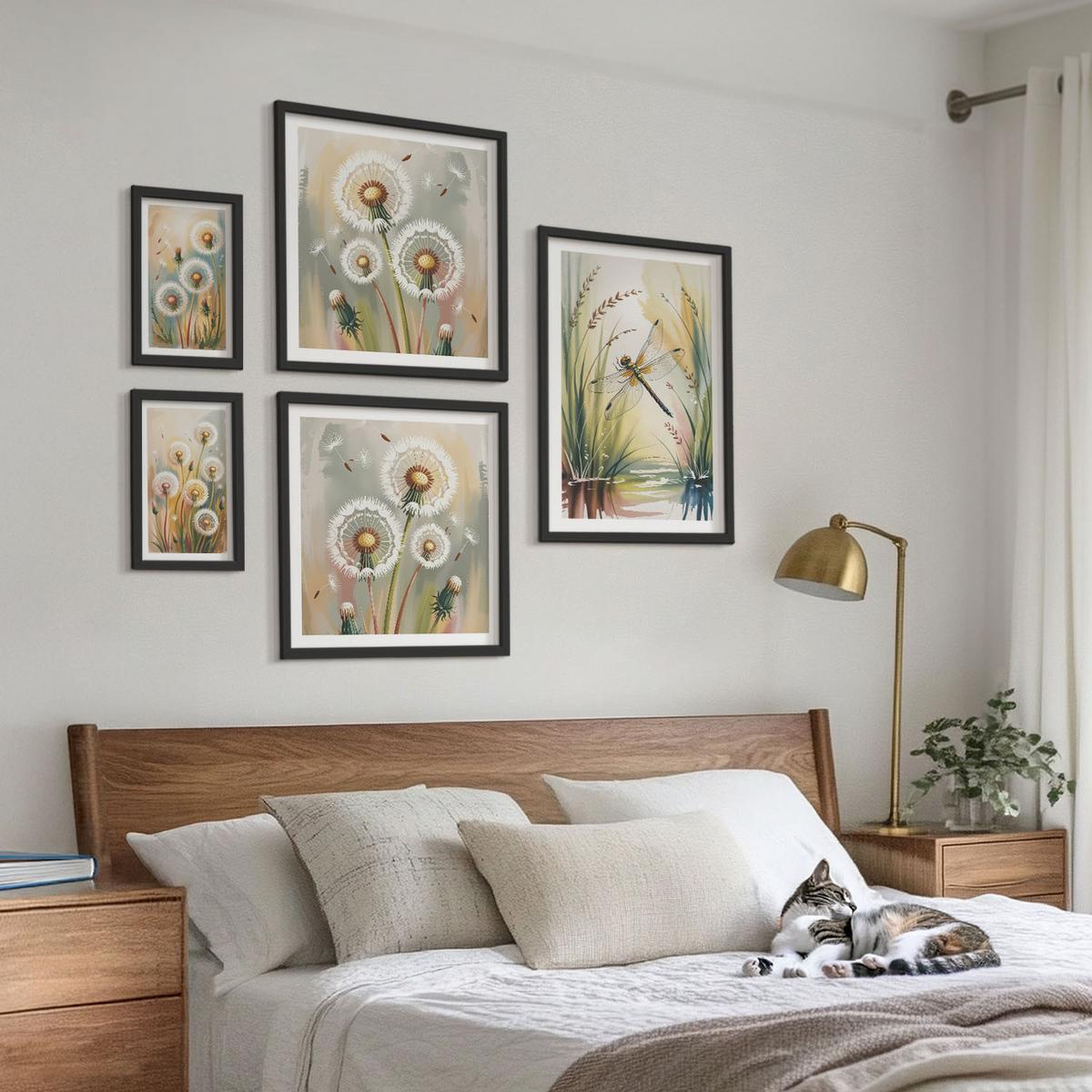 BILDER SET 5er Set - 50x50 cm & 20x30 cm & 40x60 cm Schwarzer Rahmen - Pastellfarbene Löwenzahnblüten - Schwarz, Kunststoff (40/60cm) - TULUP