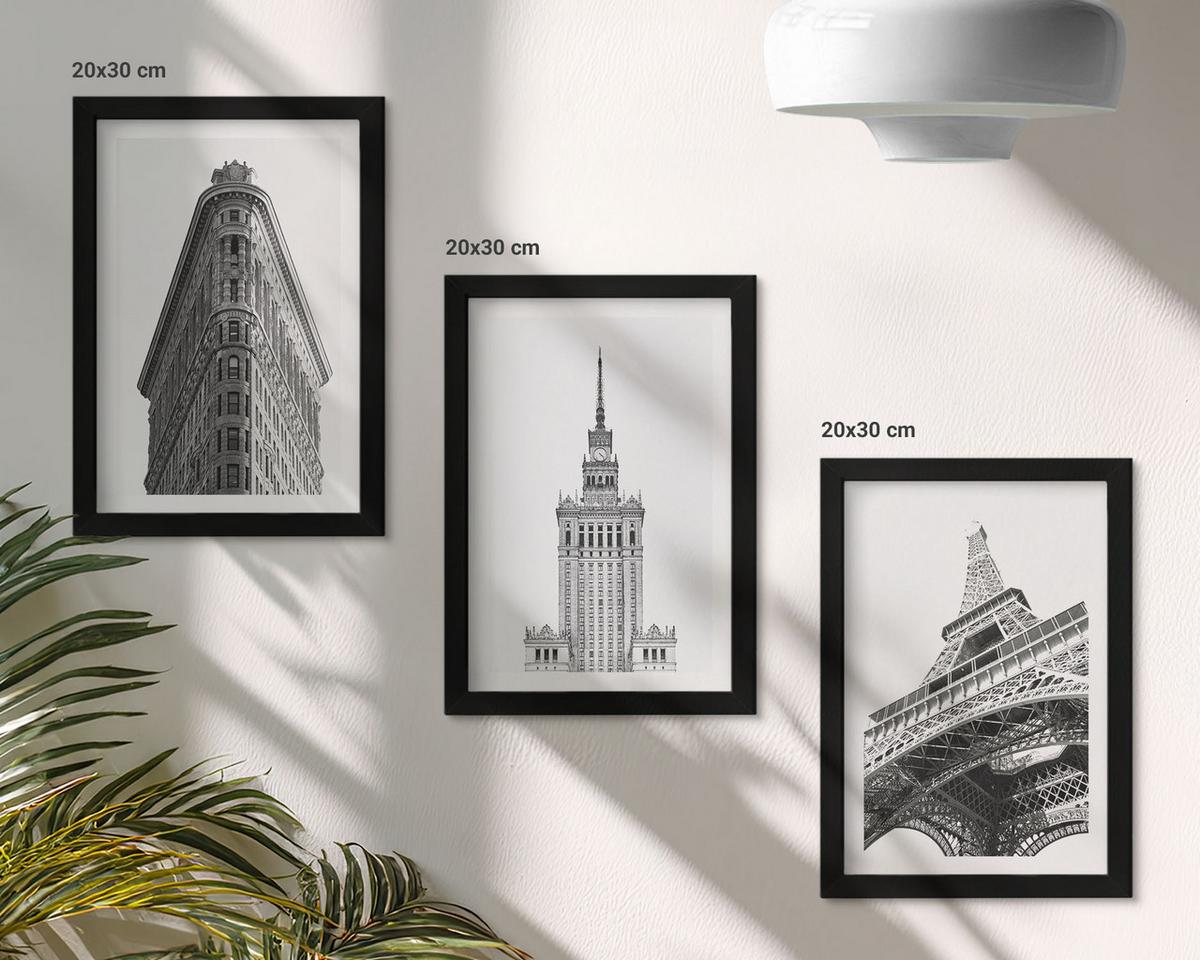 BILDER SET 3er Set - 20x30 cm Schwarzer Rahmen - Architektonische Schwarz-Weiß-Gebäude - Schwarz, Kunststoff (20/30cm) - TULUP