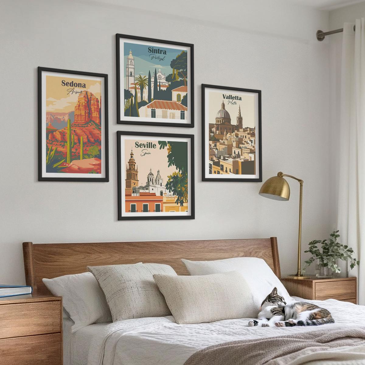 BILDER SET 4er Set - 50x50 cm & 40x60 cm Schwarzer Rahmen - Retro-Stadtansichten Sedona Sintra - Schwarz, Kunststoff (50/50cm) - TULUP