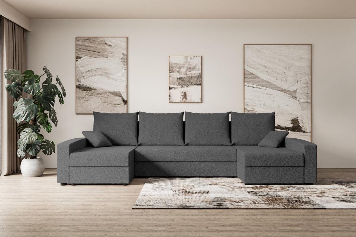 WOHNLANDSCHAFT mit Schlaffunktion und Bettkasten ALESIA-U 301x140x90 cm Grau Bouclé - Silberfarben/Grau, Holzwerkstoff/Kunststoff (301/90/140cm) - ALTDECOR