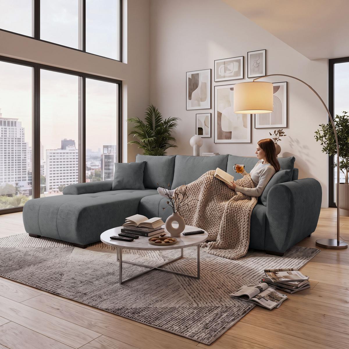 ECKSCHLAFSOFA Dallas mit Bettkasten, 255 cm, Dunkelgrau, links, Velour-Stoff - Dunkelgrau, Textil (255/175cm) - Beautysofa