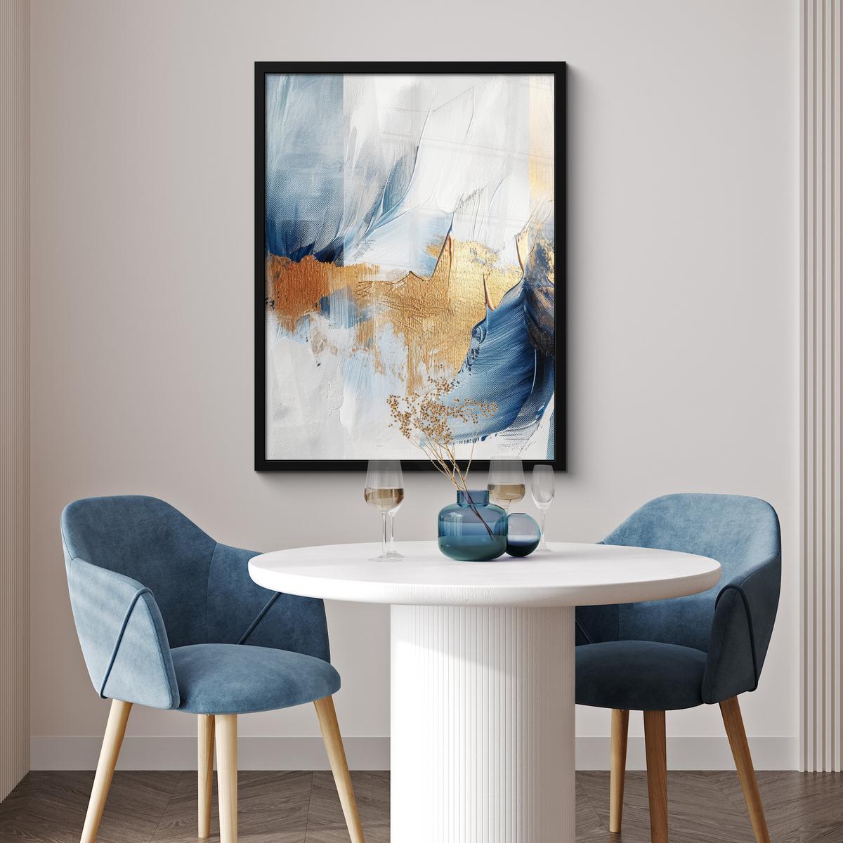 POSTER MIT RAHMEN Gold - Blau - Aquarell - Kunst - Modern Posterleiste 60x80 cm - Hellblau, Papier (60/80cm) - MuchoWow