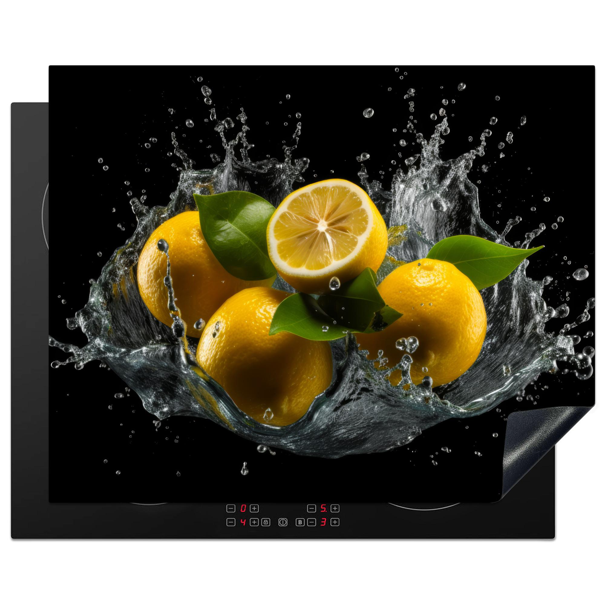 HERDABDECKPLATTE Zitrone - Obst - Gelb - Schwarz Herdabdeckung Induktionsfeld 65x52 cm - Gelb, Kunststoff (65/52/0.2cm) - MuchoWow