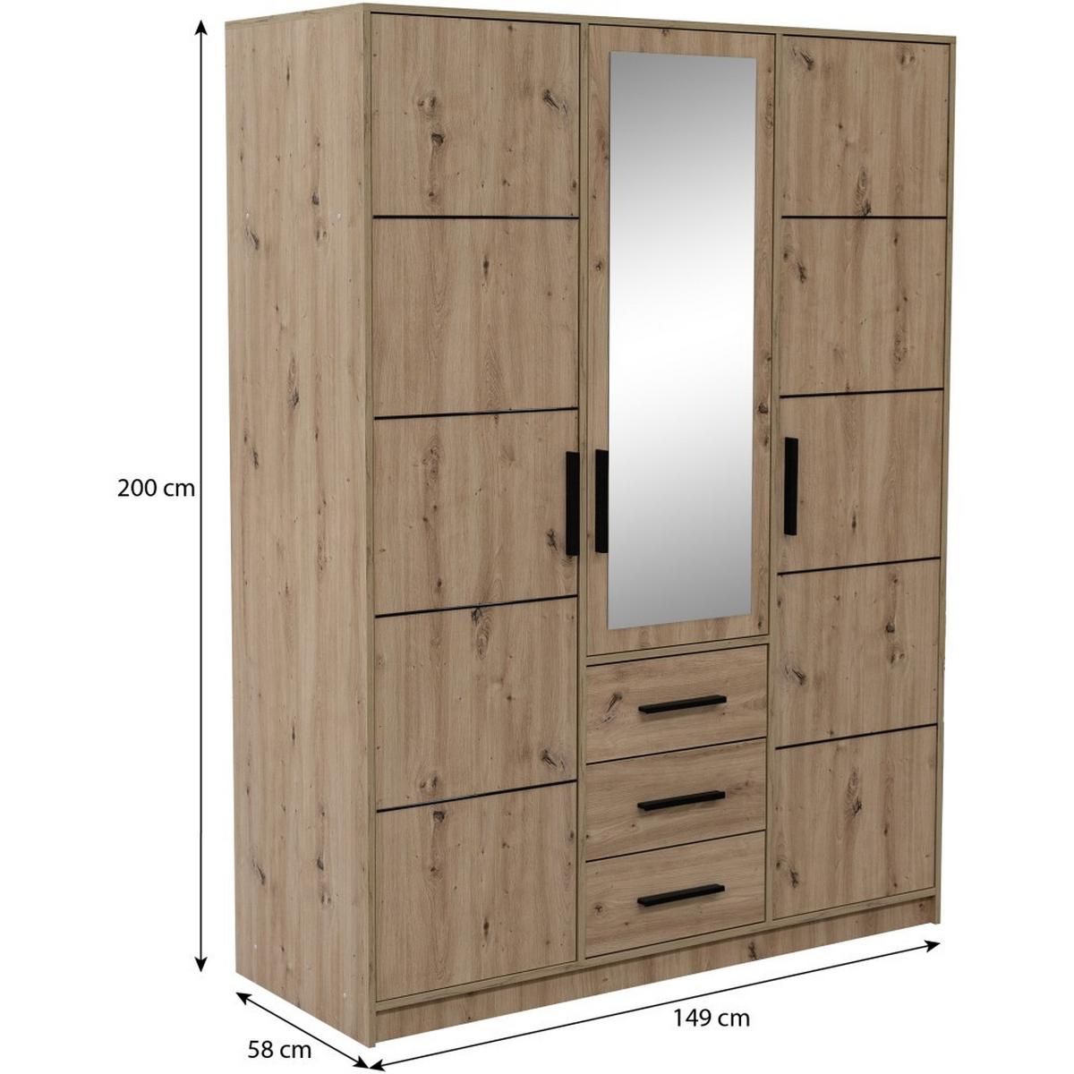 DREHTÜRENSCHRANK Kavo mit Spiegel und 3 Türen, eiche Artisan - Schwarz/Eiche Artisan, Holzwerkstoff (150/200/58cm) - Beautysofa