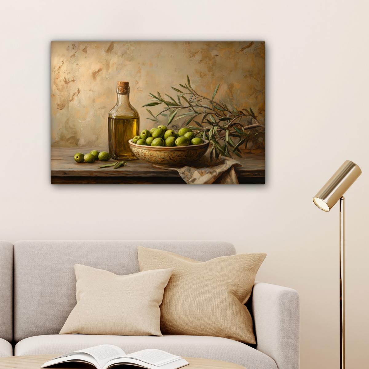 LEINWANDBILD Oliven - Stilleben - Vintage Wanddeko 90x60 cm - Olivgrün, Textil (90/60cm) - MuchoWow