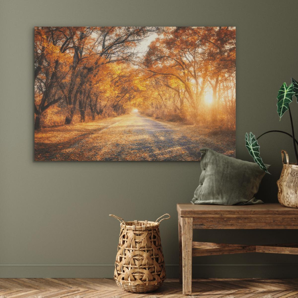 AKUSTIKBILD Wald - Herbst - Bäume - Waldweg - Natur Wandbild Wohnzimmer 100x70 cm - Bernsteinfarben, Kunststoff (100/70/0.9cm) - MuchoWow
