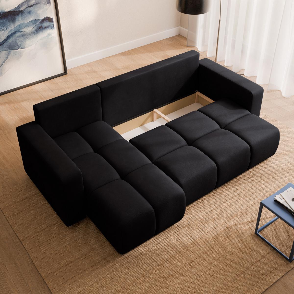 ECKSOFA RAMIL Schwarz Plüsch-Stoff mit Schlaffunktion - Schwarz, Holz (240/149cm) - MASSENO