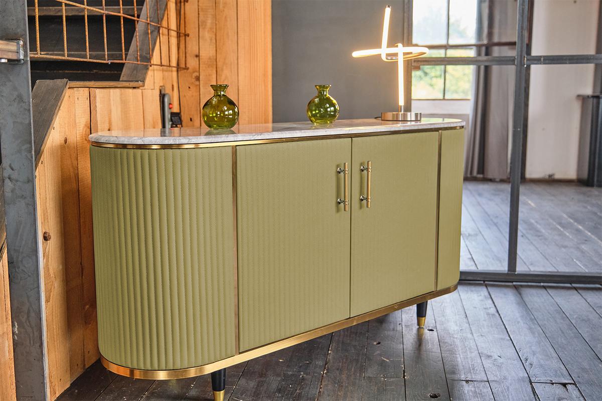 SIDEBOARD MARIA Grün Marmor, Kunstleder - Schwarz/Olivgrün, Stein/Metall (150/76/40cm) - KAWOLA