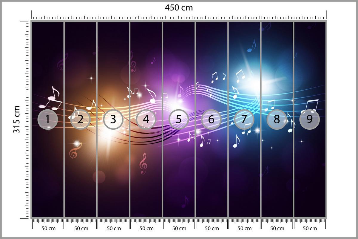FOTOTAPETE für Jugendzimmer Noten Buntes Hintergrund Musik 450x315 - Blau/Gelb, Papier (450/315cm) - Muralo
