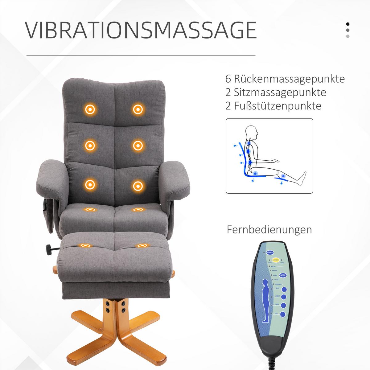 RELAXSESSEL Massagesessel mit Fußhocker Liegefunktion Polyester Dunkelgrau - Dunkelgrau, Holz/Textil (86/99/80cm) - HOMCOM
